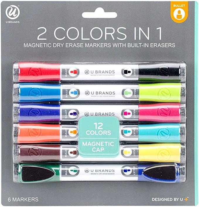 U Brands Low Odor Magnetic Double Ended Dry Erase Markers with Erasers, Bullet Tip, Assorted Colors, 6-Count Pack of 2