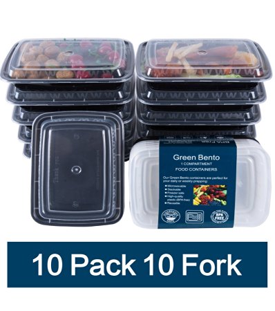 Green Bento 10 Pack 1 Compartment Meal Prep Food Storage Containers with Lids/Portion Control Bento Lunch Box Container Set/Dishwasher&Microwave Safe Cover Plates Dividers Bonus Cutlery(28oz)