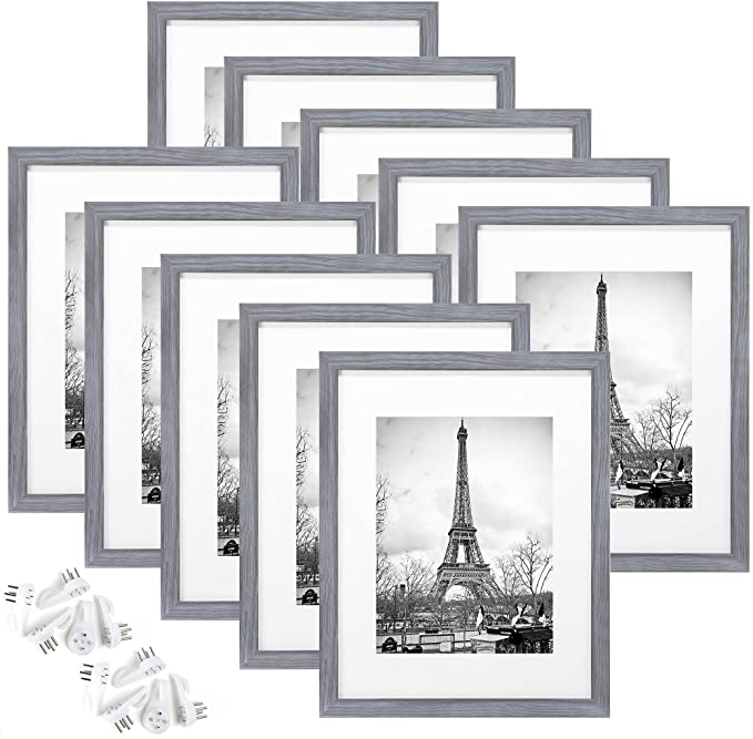 upsimples 8.5x11 Picture Frame Set of 10,Display Pictures 6x8 with Mat or 8.5x11 Without Mat,Multi Photo Frames Collage for Wall or Tabletop Display,Ash Gray