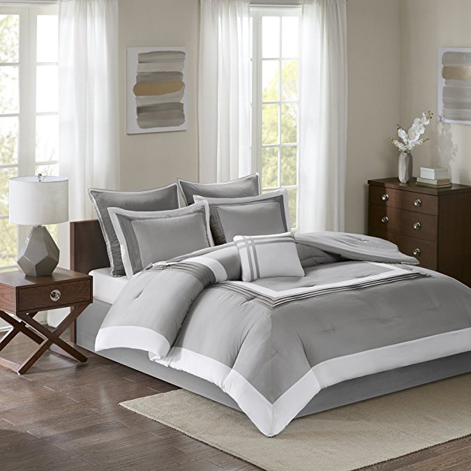 Comfort Spaces - Malcom Comforter Set - 7 Piece – Grey - Queen Size, Includes 1 Comforter, 2 Shams, 1 Bedskirt, 2 Euro Shams, 1 Decorative Pillow