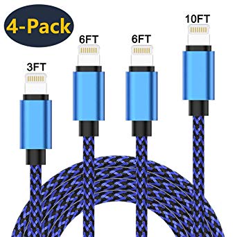 Lightning Charging Cable 4Pack(3/6/6/10FT) Nylon Braided Charging Cable Cord USB Cable Charger Compatible iPhone Xs MAX XR 8 8 Plus 7 7Plus 6s 6sPlus 6 6Plus 5 5s 5c SE Pad Pod and More-Blue