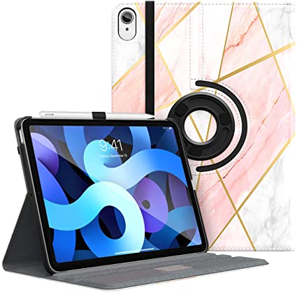 MoKo Case Fit New iPad Air 4th Generation 2020 / iPad 10.9 Case - 90 Degree Rotating Stand Leather Cover,Smart Swivel Case for iPad Air 4 10.9 inch 2020,Geometric Marble Pink