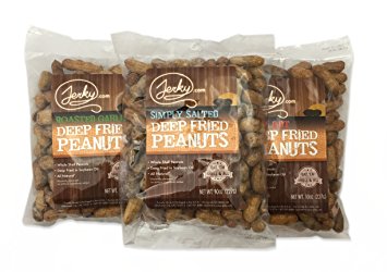 World Famous Deep Fried Peanuts Sampler- TESTER 3 PACK - EAT THEM SHELL AND ALL! - Roasted Garlic, Simply Salted and Spicy Hot - 30 total oz.