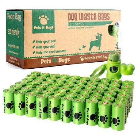 Earth Friendly Pets N Bags Dog Waste Poop Bags, Refill Rolls (60 Rolls / 900 Count, Unscented) Includes Dispenser