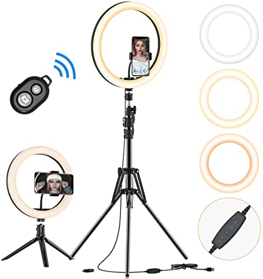 12" Selfie Ring Light with Tripod Stand & Cell Phone Holder for Live Stream/Makeup, Mini Led Camera Ringlight for YouTube Video/Photography Compatible with iPhone Xs Max XR Android