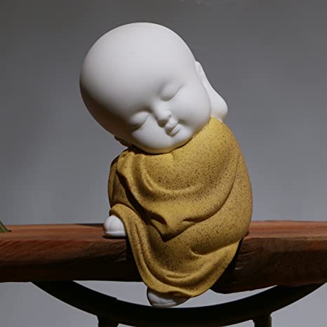 White Ceramic Little Cute Monk Figurine (Yellow)