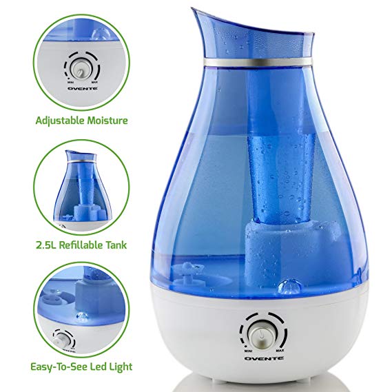 Ovente HMD625BL Ultrasonic Humidifier, Refillable Water Tank, Moisture Control Knob, Cool Mist Outlet, Indicator Light, 20-Watts, 2.5 Liter