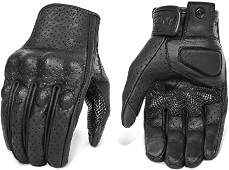 Updated Men’s Motorcycle Gloves Goatskin Leather Anti-Slip Street Bike Gloves with Two Touchscreen Fingers (Updated,Perforated, M)