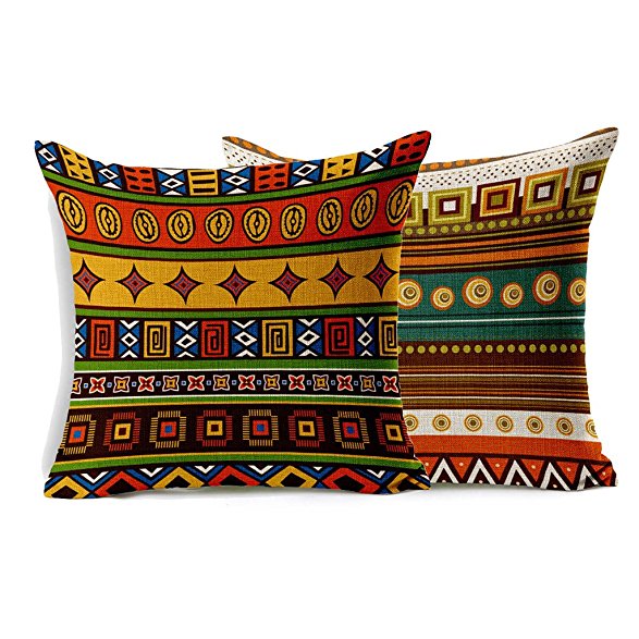 YouYee 2-Pack Cotton Linen Sofa Home Decor Design Throw Pillow Case Cushion Covers Square 18 Inch(Set of 4 Ethnic African Style Series)