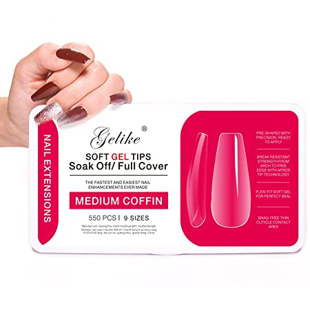 Gelike Soft Gel Full Cover Tips Kit for Soak Off Nail Extensions, 550 Pcs Clear Medium Coffin Jelly Tips False Press on Nails, 11 Sizes