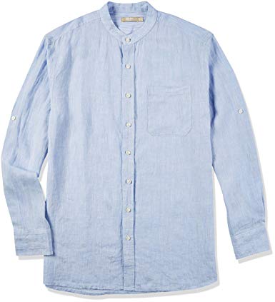 Isle Bay Linens Men's Standard-Fit 100% Linen Long-Sleeve Band Collar Woven Shirt