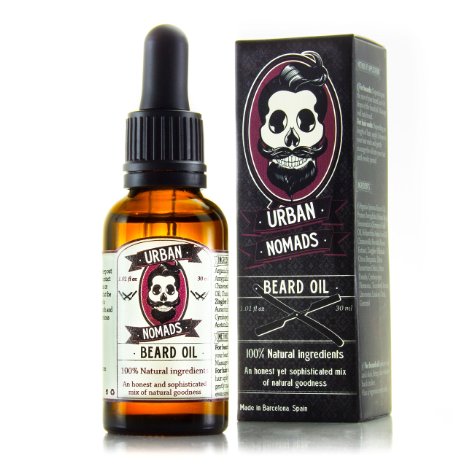 Beard Oil by Urban Nomads - Hand Crafted in Barcelona - All Natural Balmamp Leave-In Conditionerfor all Beard Styles Mustache and Hair - Beard Softener - Anti Itch Anti Dandruff Anti Fungal - 1 oz