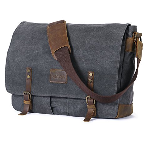 Lifewit 15.6 Inch Waxed Canvas Laptop Messenger Trim Leather Water Resistant Satchel Bags (Grey)