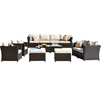ovios Patio Furniture Set, Backyard Sofa Outdoor Furniture 12 Pcs Sets,PE Rattan Wicker sectional with 4 Pillows and 2 Patio Furniture Covers, No Assembly Required,Brown (12 Piece, Beige)