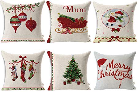 HOSL SD40 Merry Christmas Series Blend Linen Throw Pillow Case Decorative Cushion Cover Pillowcase Square 18" - Set of 6