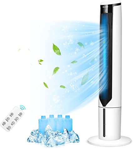 COSTWAY Evaporative Cooler, Include Remote Control, 4 Ice Packs, Portable Bladeless Tower Fan with 3 Modes, 3 Speeds, 9H Timer, LED Display, Air Cooler for Indoor Use, Bedroom, White