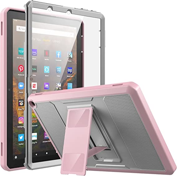 MoKo Case Fits All-New Kindle Fire HD 10 & 10 Plus Tablet (11th Generation, 2021 Release) 10.1", Full Body Rugged Hands-Free Viewing Stand Back Cover with Screen Protector, Gray&Pink