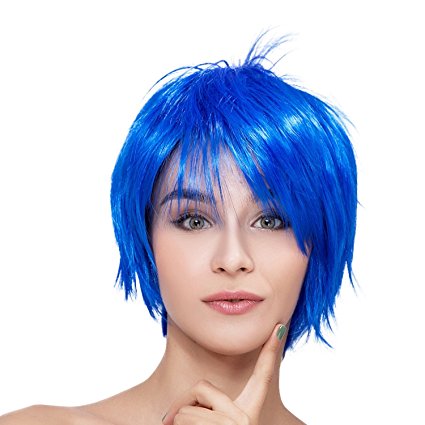 Kalyss Short Straight Women's Blue Flat Bangs Cosplay Party Heat Resistant Full Hair Wigs