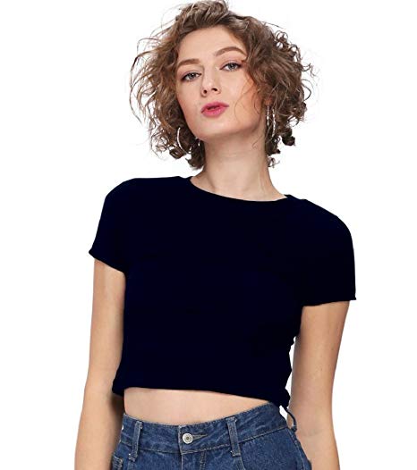 Payeel Women's Round Neck Crop Top Casual Solid Basic Tee