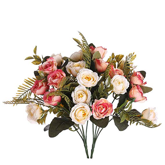 Aurdo Artificial Flowers, Fake Silk Vintage Rose Flowers Bouquet for Room, Kitchen, Garden, Wedding, Party Decor (2 Pack) (Beige)