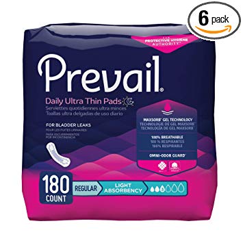 Prevail Light Absorbency Incontinence Bladder Control Pads, Regular, 30 Count (Pack Of 6)