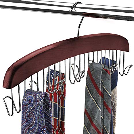 FloridaBrands Scarf and Tie Hanger - Closet Organizer and 12 Hook Wooden Tie Rack Hanger for Space Saving Solution and Perfect Space Saving Closet Makeover, Mahogany Color