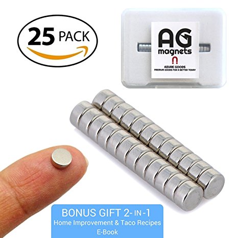 Mini Round Refrigerator 25 Magnets (1/8" x 1/4") Super Strong with BONUS Storage Case   2 E-Books - Arts and Crafts, Science Projects, Garage and Office Organization