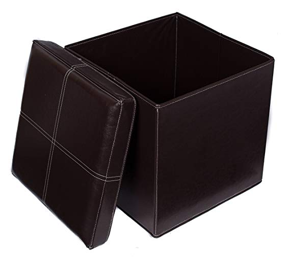 BIRDROCK HOME Faux Leather Folding Storage Ottoman | 16 x 16 | Strong and Sturdy | Quick and Easy Assembly | Foot Stool | Brown