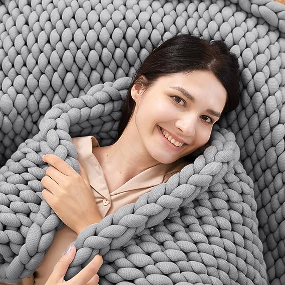 ZonLi Knitted Weighted Blanket 15 pounds (Light Grey, 48''x72''), Cooling Chunky Knit Weighted Blanket Twin Size, Handmade Cozy Home Decor for Sofa Bed