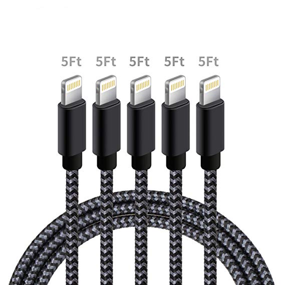 Manyi Phone Charger Cable,5Pack 5ft Nylon Braided Syncing and Charging Cord Compatible with Phone/x / 8/7 / 6/5 / - Black & Gray