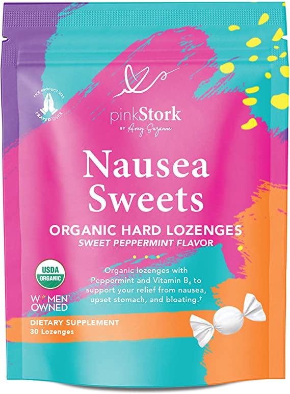 Pink Stork Nausea Sweets: Lite Peppermint, USDA Organic Hard Candy, Nausea Relief   Bloating & Digestion   Migraine Relief, Vitamin B, Supports Women’s Multivitamin, Women-Owned, 30 Lozenges