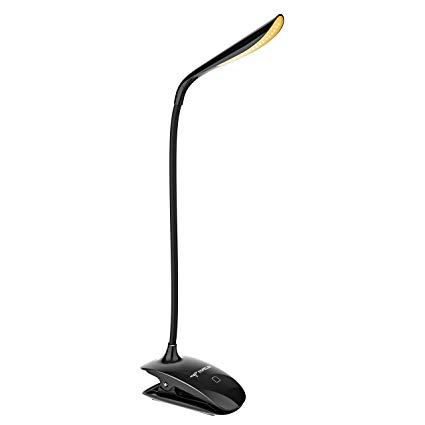 TopElek Desk Lamp, Clip on Table Light with 15 LED Beads, Eye-Care Adjustable Brightness (Warm and Cool White), Stepless Dimming, Bedside Reading Light, USB Rechargeable for Kids, Bookworm, Black