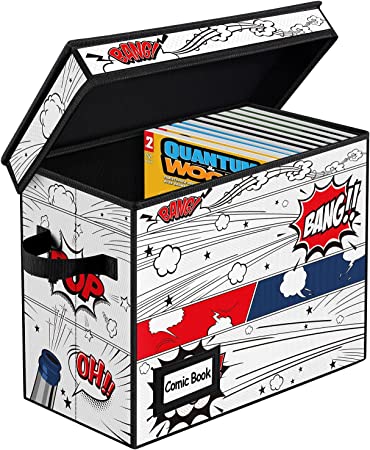 REDSHELL Comic Book Storage, 15.35" X 7.8" X 12.2" Collapsible Comic Book Case with Handles, Stackable Comic Book Storage Boxes with Pattern Comic Short Box Storage to Holds 150-180 Comics, 1 Pack