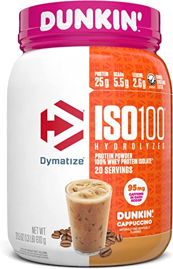 Dymatize ISO100 Hydrolyzed 100% Whey Isolate Protein Powder in Dunkin' Cappuccino Flavor, 25g Protein, 95mg Caffeine, 5.5g BCAAs, Gluten Free, Fast Absorbing, Easy Digesting, 610g