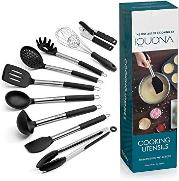 Cooking Utensils Set by IQUONA - Stainless Steel and Silicone Kitchen Utensil Set - Black Tools and Gadgets - Heat Resistant Spoons - Nonstick Spatulas Set Works with Ceramic and Metal Cookware