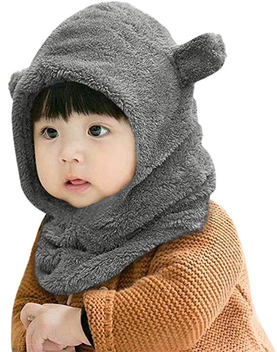 Baby Kids Warm Winter Knit Plush Wool Beanie Hat Cute Earflap Hood Scarf Ski Cap