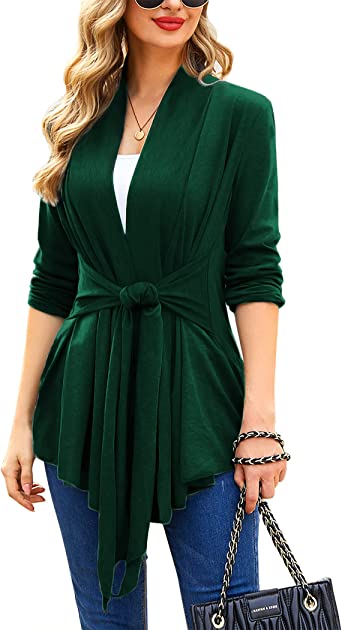 ACEVOG Lightweight Draped Cardigan for Women Open Front &Sash Tie 2 Ways Sweater Long Sleeve Wrap Duster