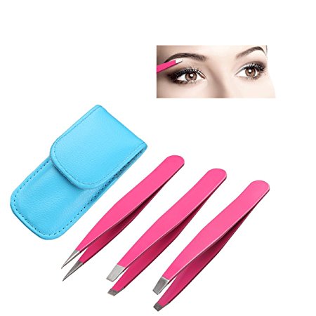 3 Premium Stainless Steel Eyebrow Tweezers with Leather Case, Tweezers Set with Slant, Straight and Pointed Tips - Precision Calibrated - Best Surgical Grade for Eyebrow, Ingrown Hair and Splinters