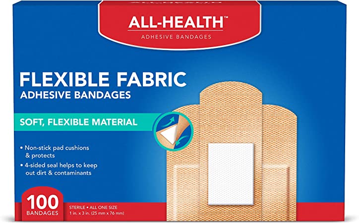 All Health Flexible Fabric Adhesive Bandages, 1 in x 3 in, 100 ct| Flexible Protection for First Aid and Wound Care
