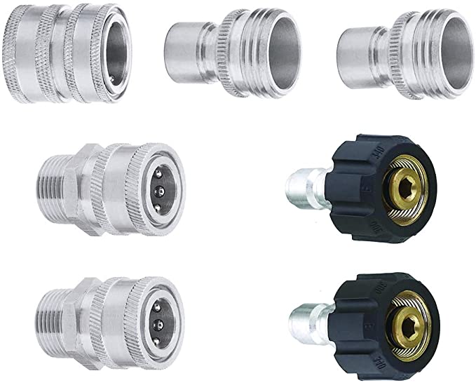 MTM Hydro Pressure Washer Hose Adapters Kit - 7 Piece Stainless Steel Set of High Pressure Quick Connect Couplings and Connectors - Adaptors for Foam Cannons, Pressure Washers, and Hoses