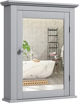 COSTWAY Bathroom Medicine Cabinet with Mirror, Wall-Mounted Storage Cabinet Organizer with 5-Position Adjustable Shelf, Hanging Bathroom Wall Cabinet for Living Room Bedroom Entryway (Grey)