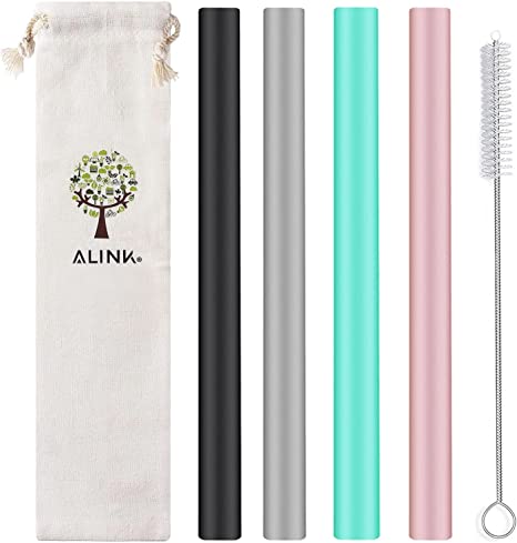 ALINK Reusable Silicone Boba Straws, Extra Large Bubble Tea Smoothie Straws for Tapioca Pearl, Pack of 4 with Cleaning Brush and Case - 10 in x 14 mm - Black, Gray, Green, Pink