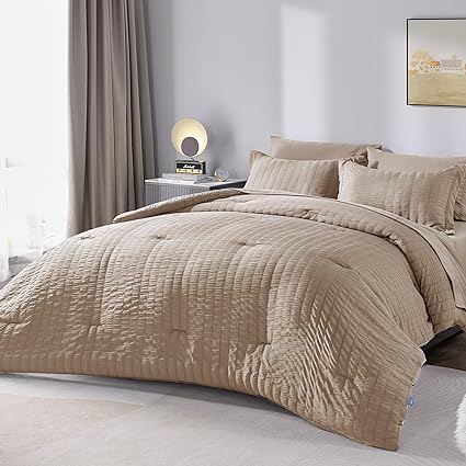 CozyLux King Seersucker Comforter Set with Sheets Warm Taupe Bed in a Bag 7-Pieces All Season Bedding Sets with Comforter, Pillow Sham, Flat Sheet, Fitted Sheet, Pillowcase