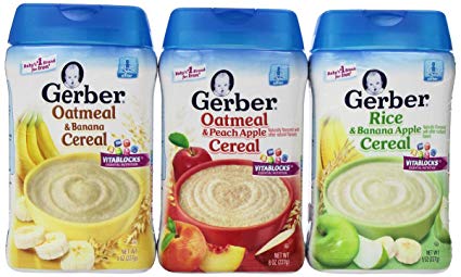 Gerber Baby Cereal 3 Flavor Variety Bundle: (1) Gerber Oatmeal & Banana Cereal, (1) Gerber Oatmeal & Peach Apple Cereal, and (1) Gerber Rice & Banana Apple Cereal, 8 Oz. Ea. (3 containers 8 Oz. Ea.)