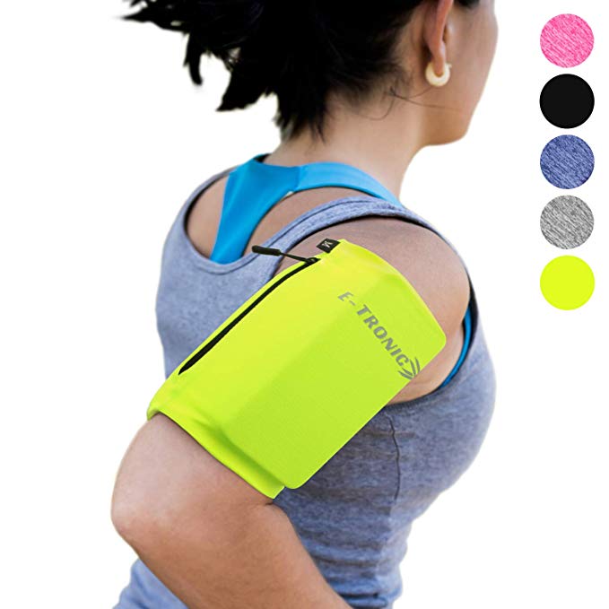 Phone Armband Sleeve: Running & Jogging High Visibility Cellphone Holder in Fluorescent Yellow Vis to be Seen at Night. Reflective Gear & Safety Accessories for Women & Men & Kids Fits ALL Phones (XL)