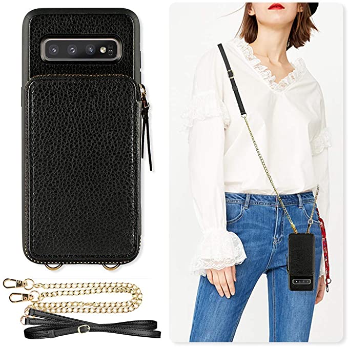 Samsung Galaxy S10  Case, ZVE Galaxy S10 Plus Wallet Case with Credit Card Holder Slot Crossbody Chain Handbag Purse Zipper Case Cover for Samsung Galaxy S10 Plus (2019), 6.4 inch - Black