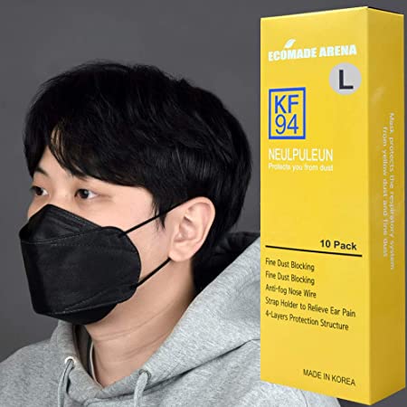 ECOMADE ARENA Neulpuleun Disposable KF94 Face Mask with 4-Layer Filters for Adult, Made in Korea (LARGE) (Black) (10 Pack)