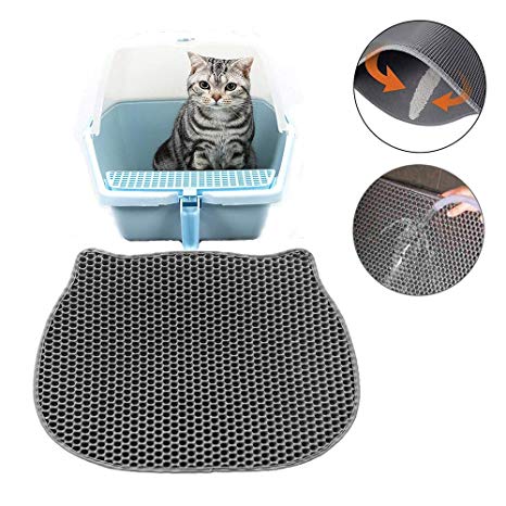 Pawaca Cat Litter Mat, Double-Layer Honeycomb Cat Feeding Mat Durable Waterproof Litter Box Mat Non-Toxic Protect Floor and Carpet Easy Clean Cat Litter Tray Pad, 40x50cm/16 X 20in (B*Gray)
