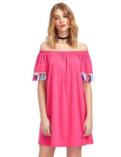 ROMWE Women's Off Shoulder Tassel Short Sleeve Casual Short Dress