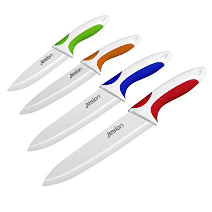 Jeslon Chef Knives Set, 4 Piece Multi Color Ceramic Knives, 3inch Paring Knife, 4inch Fruit Knife, 5inch Utility Knife, 6inch Chef Knife